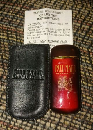 Vintage Red Pall Mall Cigarettes Windproof C2 Lighter With Leather Holder