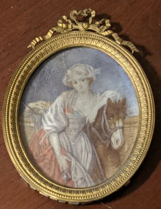 Antique Small Portrait Girl & Pony Oval Gilt Metal Frame Signed