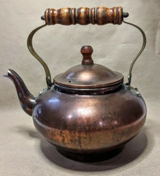 Vintage Copper Coated Tea Pot Kettle W Wood Handle Rustic Patina Decorative
