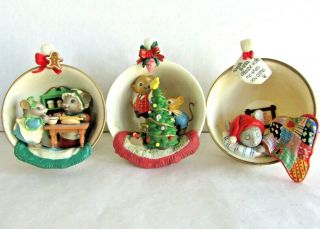 3 Vintage Enesco Christmas Ornaments - 1987 - Mice In Teacups - Home Sweet Home