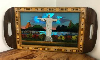 Vtg Distressed Christ The Redeemer Iridescent Butterfly Wing Inlaid Wood Tray