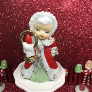 Vtg Lefton Christmas Angel Girl In Santa Hat And Red Coat Bell Figurine Japan