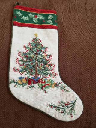 Vtg Wool Traditional Style Christmas Tree Needlepoint Embroidered Stocking 18 "