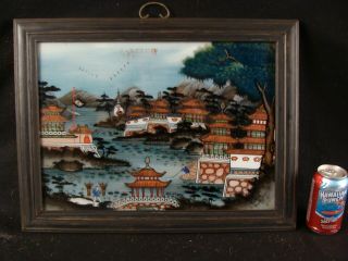 Antique Chinese Reverse Painting On Glass Pagoda Harbor Seascape