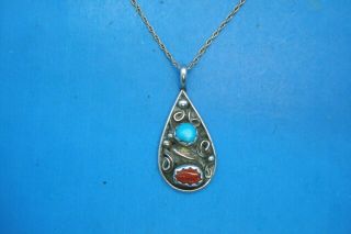 Vintage Navajo Lincoln Robert Signed Turquoise And Coral Pendant Necklace