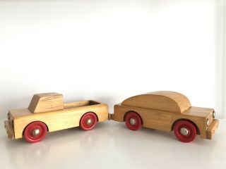 Vintage Playskool Wooden Car And Truck Red Wheels Solid Wood Set Of Two