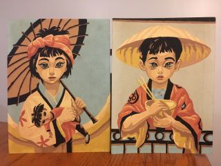 Vtg Completed Paint By Number Oriental Asian Children Portraits