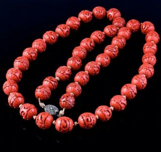 Fine Antique Chinese Cinnabar Lacquer Filigree Silver Bead Necklace Qing Dynasty