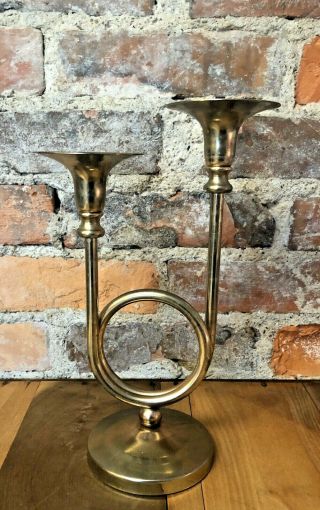 Vintage Double French Horn Brass Candlestick Candle Holder 11 "