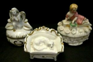 3 Vintage Trinket Porcelain Boxes.  White & Gold.  Girl,  Angel & Dog On Sofa