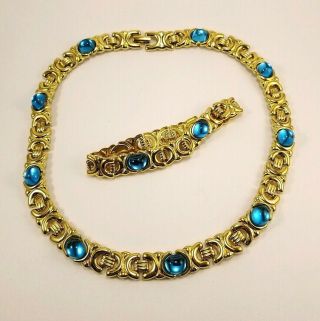 Vintage Monet Gold Tone Link Necklace Bracelet Demi Parure Set Blue Cabochons