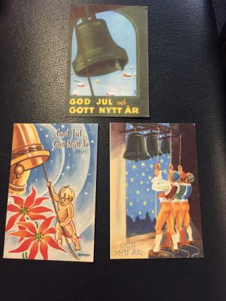 3 Vintage Swedish Mini Postcards Christmas Bells Year’s Angel Sweden God Jul