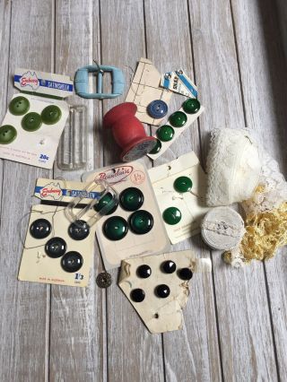 Assorted Sewing Items - Vintage - Glass Buttons,  Buckles,  Lace Etc