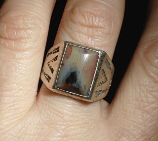 Vtg Sterling Silver 1/2 " High Southwest Dendritic Agate Ring Arrows On Sides Sz8