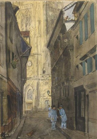 Antique French Watercolor,  Old French Street With Figures And Gothic Church