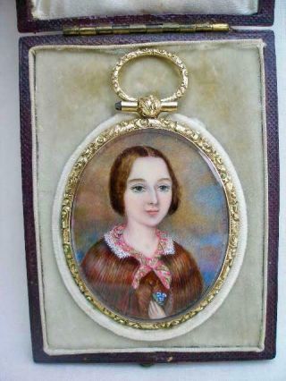 English Antique Portrait Miniature Painting Of A Lady In Case