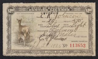 Vintage 1925 - 26 California Hunting License.  Some Botton Margin Wear Noted.