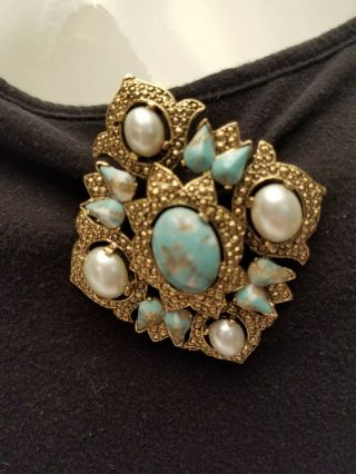 Vintage Sarah Coventry Brooch/pin/pendant Faux Pearls And Turquoise Gold Tone
