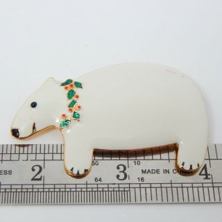 Designer Sfj White Inaly Christmas Polar Bear Pin Gold Plated 2 3/8 " Vtg Brooch