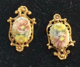 Florenza Vintage Earrings Russian Gold Filigree & Painted Flowers