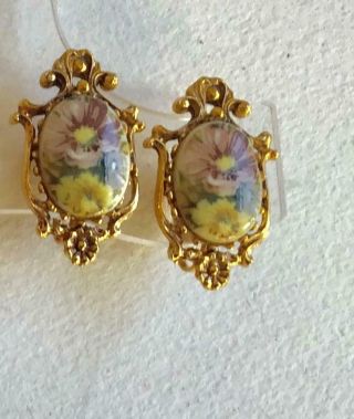 FLORENZA Vintage Earrings Russian Gold Filigree & Painted Flowers 2