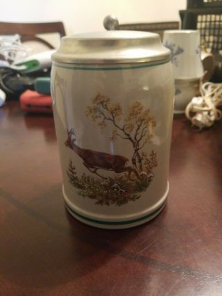 Vintage Stoneware Beer Stein Tankard Mug Pewter Lid Deer Flowers Nature