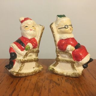 Vtg Enesco Christmas Mr Mrs Santa Claus Rocking Chairs Salt Pepper Shakers