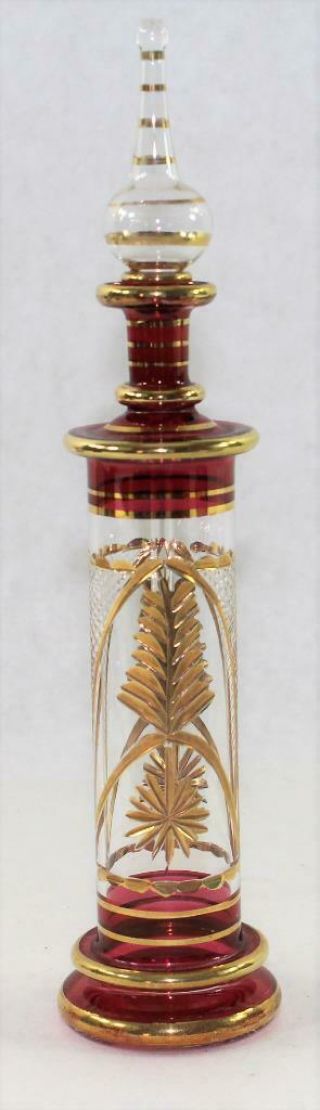 Large Vintage Gold & Ruby Red Glass Perfume Bottle With Stopper Made In Egypt