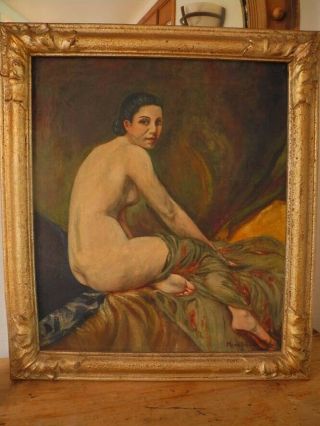 Antique Nude Lady Portrait Oil Painting On Canvas Wood & Gesso Frame