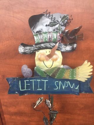 Vintage Metal Snowman Outdoor Holiday Sign Let It Snow 3