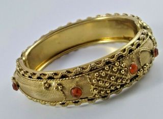 Vintage Ornate Gold Tone Mesh And Orange Rhinestone Hinged Bracelet