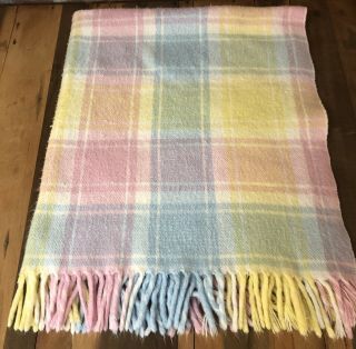 Vintage Baby Blanket Tennessee Woolen Mills Pastel Plaid Acrylic Fringe Unisex