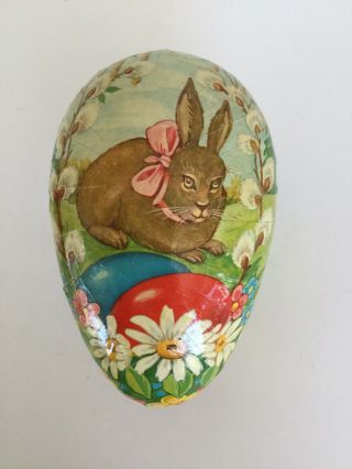 Vintage German Easter Rabbit Paper Mache Egg Candy Container Bunny,  Flowers