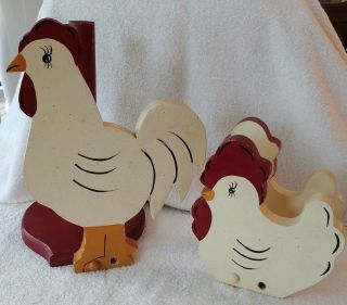 Vintage Hand Made Solid Wood Paper Towel & Napkin Holder Chickens Hand Painted
