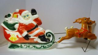 Vintage 1970 Tabletop Empire Plastic Blow Mold Santa In Sleigh With 2 Reindeer