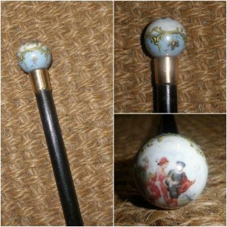 Antique Ladies Gold Plate Dress Cane With A Meissen Porcelain Ball Top