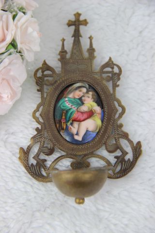 Antique French Brass Holy Water Font Madonna Portrait On Porcelain Neo Gothic