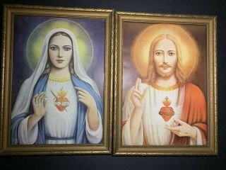 Vintage Framed Prints - Sacred Heart Of Jesus & Immaculate Heart Of Mary - 1946