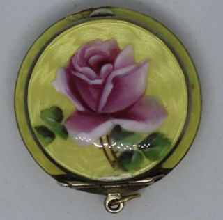 Antique Yellow Guilloche Enamel Sterling Silver Round Compact W/handpainted Rose