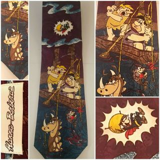 Vintage Flintstones Neck Tie.  Fred,  Barney & The Great Gazoo Go Fishing.  Euc.