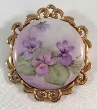 Vintage Pansy Flower Hand Painted Artist Signed Ceramic Gold Tone Brooch
