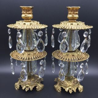 2 Vtg Crystal Brass Candlestick Candle Holders Prisms Ornate Hollywood Regency