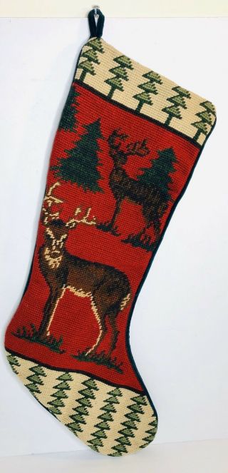Vintage Wool Needlepoint Christmas Stocking Deer In The Woods Green Backing 20in
