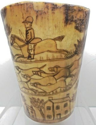 Antique Georgian Victorian Old Naive Folk Art Scrimshaw Ed Horn Mug Cider Beaker