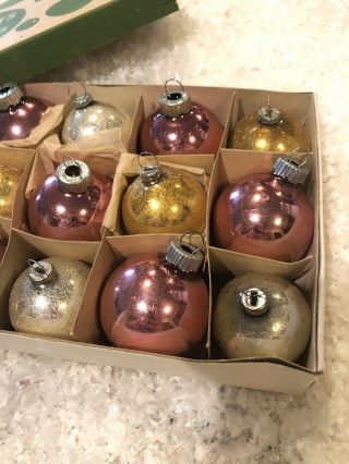 12 Vintage Shiny Brite 1.  25 - 1.  5 " Assorted Glass Christmas Tree Ornaments & Box