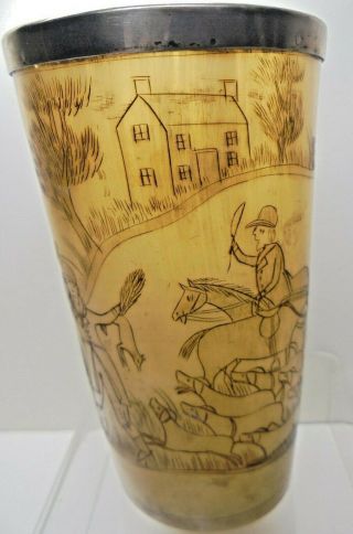 Antique Georgian Victorian Old 1800s Fox Hunting Scrimshaw Horn Beaker Cider Mug