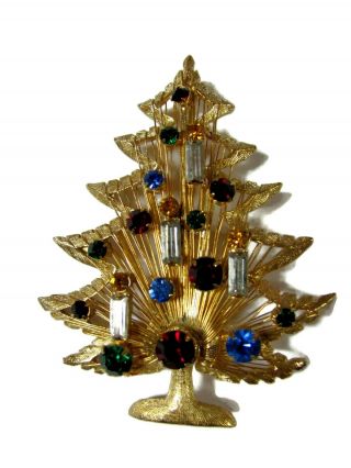 Vintage Signed Brooks Christmas Tree W/ Candles Brooch Pin Multi Rhinestone