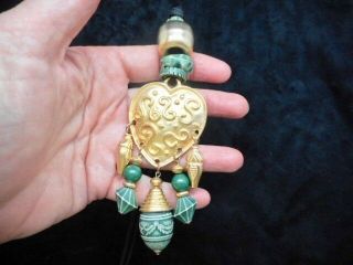 Authentic Vintage Gold Tone Heart W/green Beads Tribal Necklace