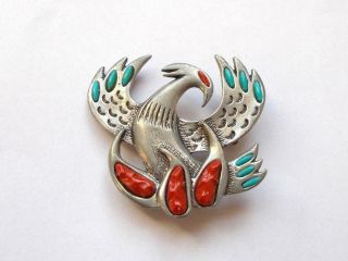 Vintage Native American Navajo Style Turquoise & Coral Coloured Bird Brooch