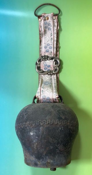 Antique Swiss Large Cow Bell Hand Forged Embroidered Strap Farm Country
